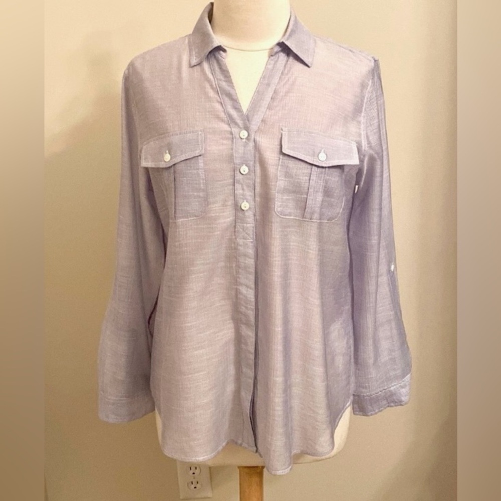 Chico’s Periwinkle Textured SZ M Resort Wear Breezy Elevated Chic Semi Sheer Top